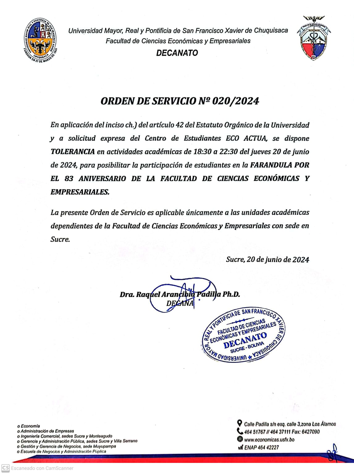 ORDEN DE SERVICIO FCEE Nº 020/2024, TOLERANCIA – ACTIVIDADES ACADÉMICAS, 20 DE JUNIO DE 2024.