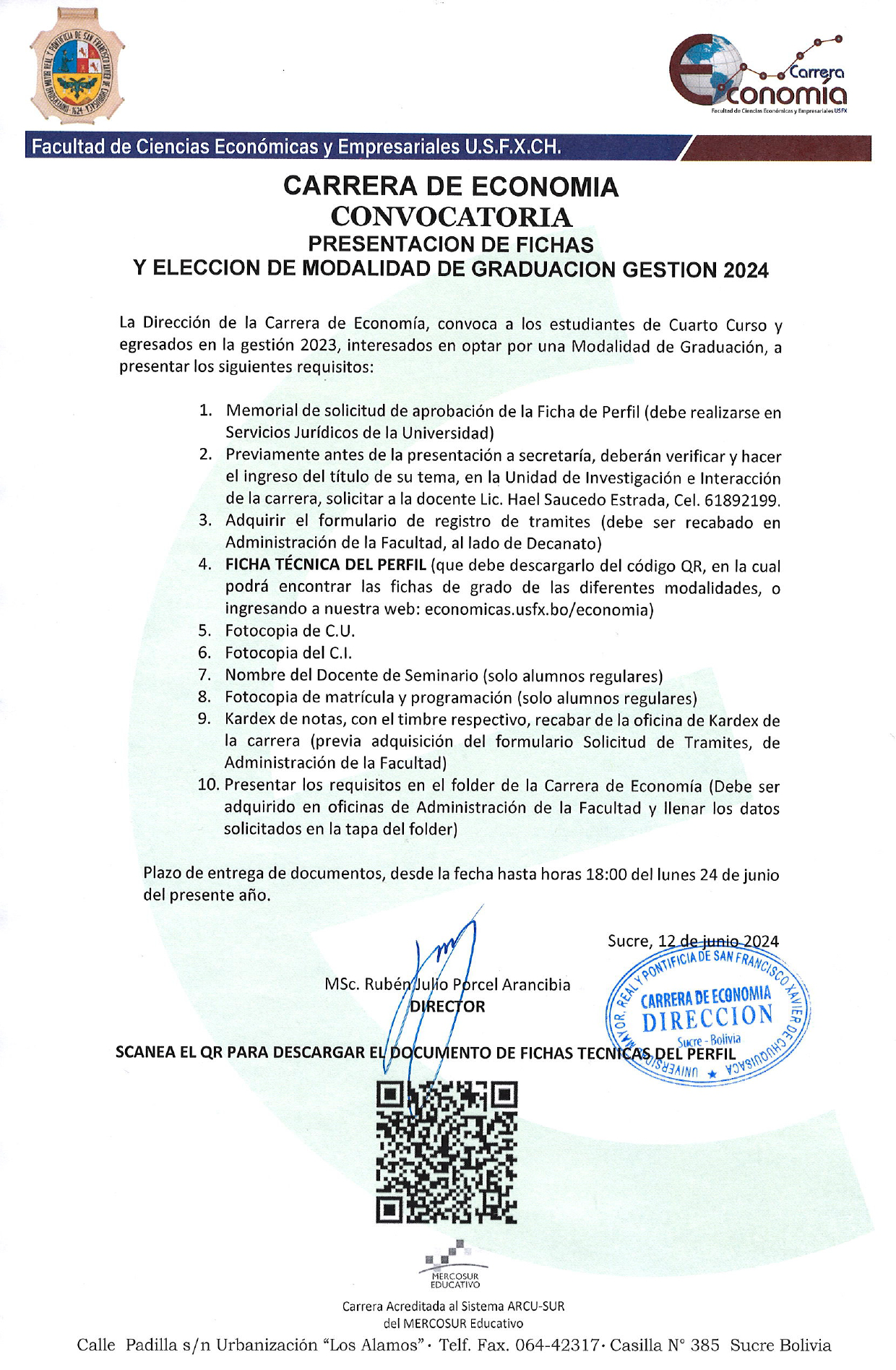 CONVOCATORIA – CARRERA DE ECONOMÍA – PRESENTACIÓN DE FICHAS  Y ELECCIÓN DE MODALIDAD DE GRADUACIÓN GESTIÓN 2024