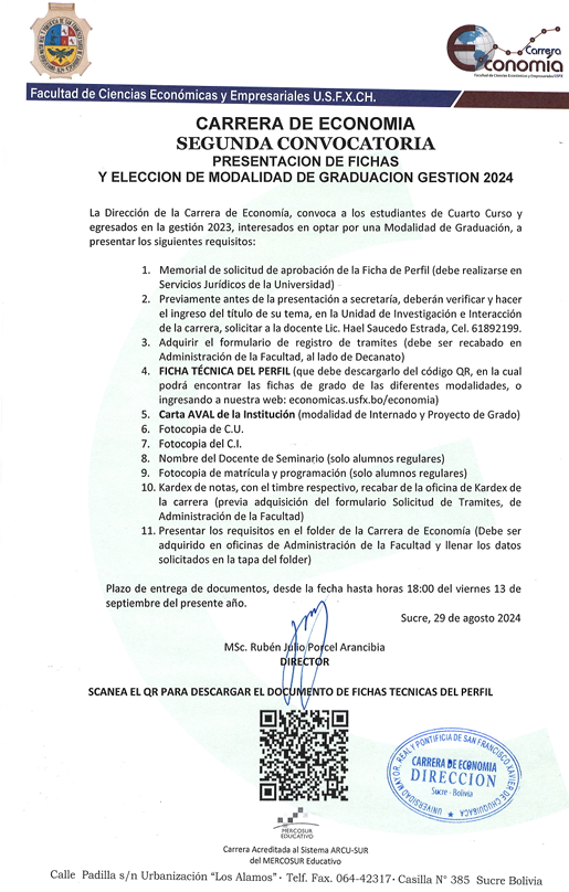 2da CONVOCATORIA – PRESENTACIÓN DE FICHAS Y ELECCIÓN DE MODALIDAD DE GRADUACIÓN GESTION 2024